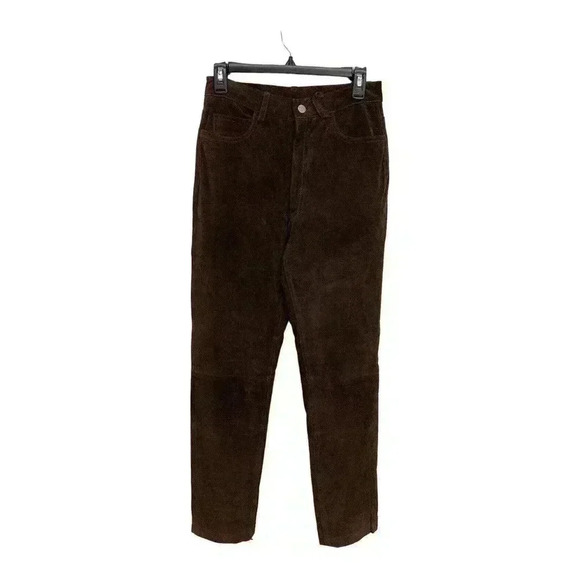 Vintage Polo Jeans Ralph Brown Dungarees Suede Leather Pants Womens 8 - Picture 1 of 9